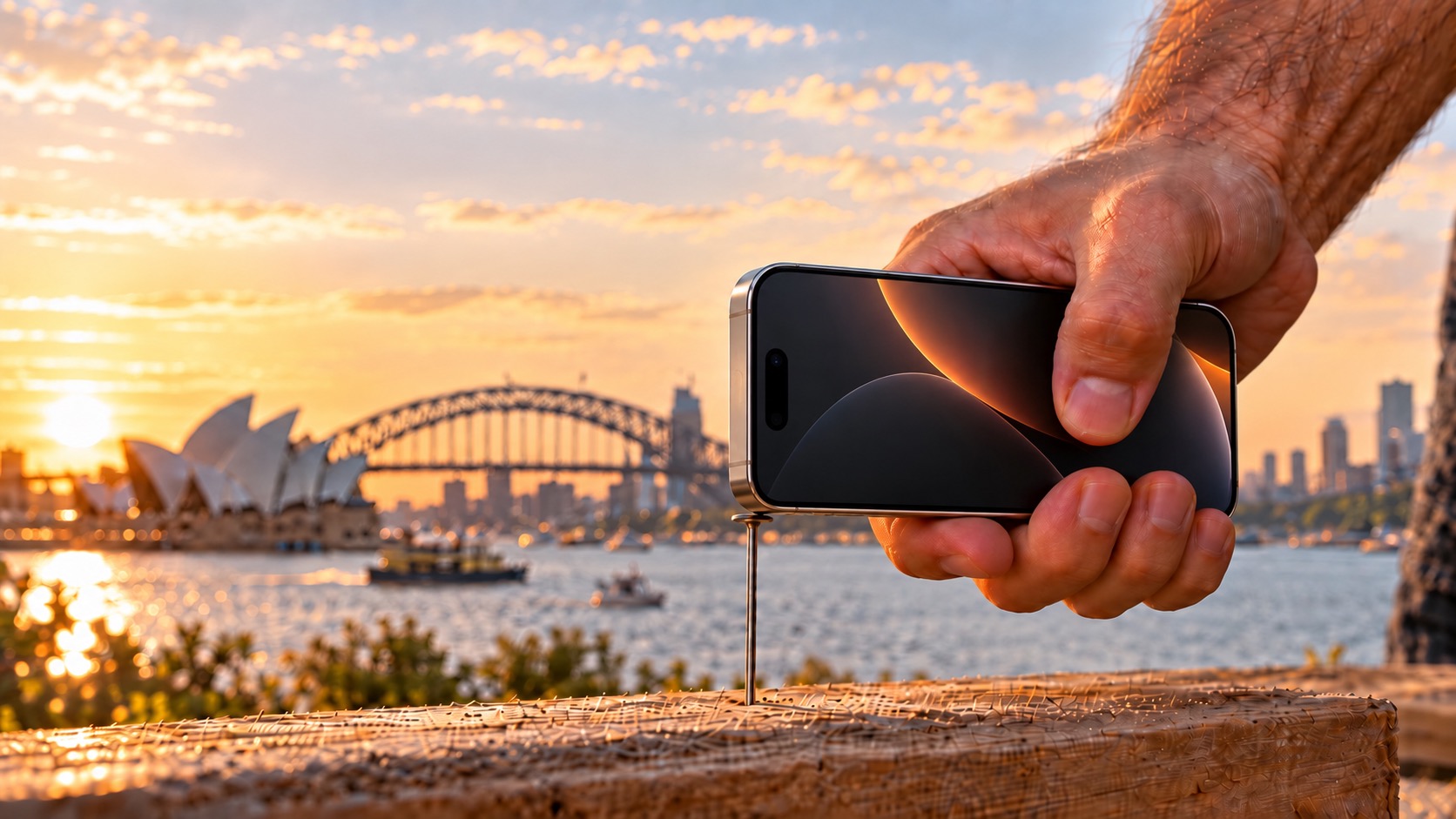 A hand uses a phone to hammer a nail, against Sydney Harbour at sunset.