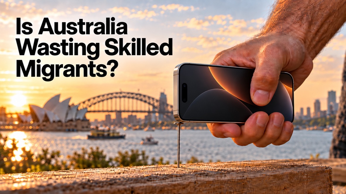 Is Australia Wasting Skilled Migrants? A phone used to hammer a nail, with Sydney Harbour behind it.